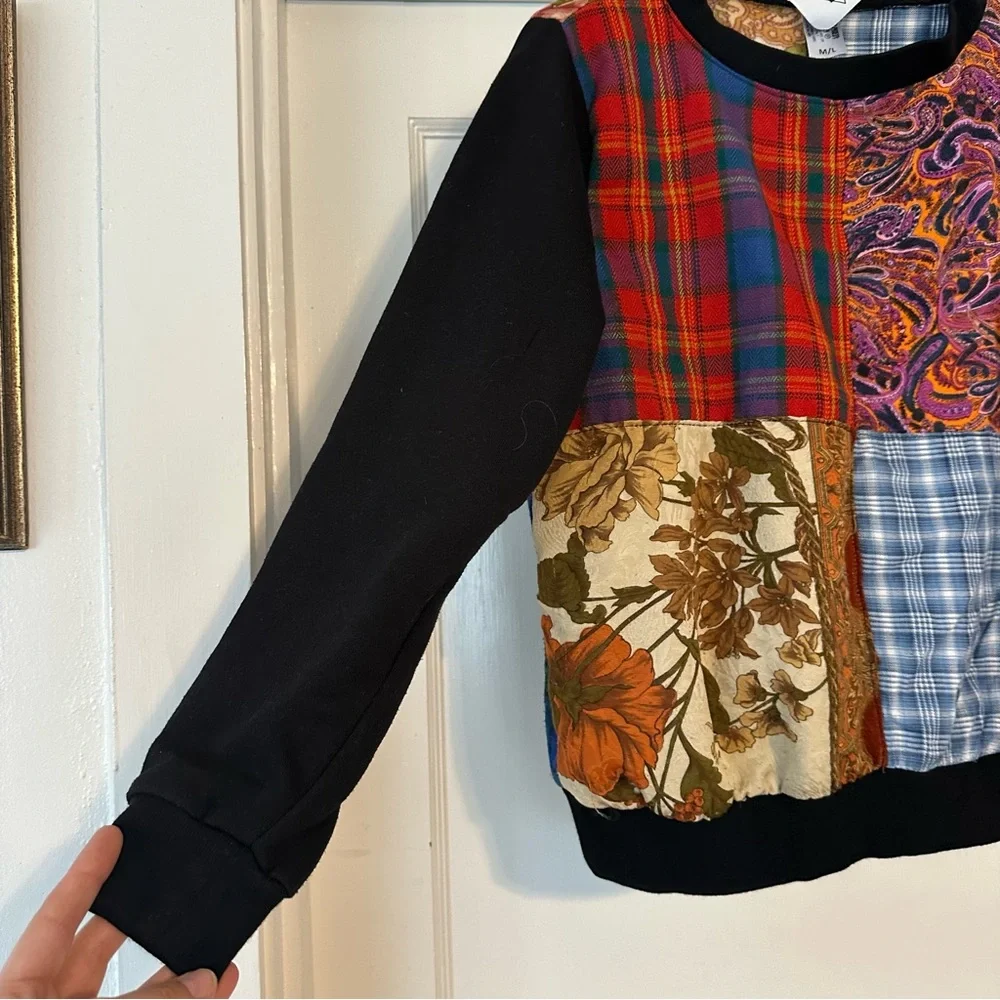 RP4LF Ragged Priest Sweater Womens M L Black Quilted Colorblock Crew Neck - Picture 6 of 9